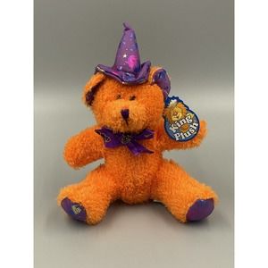 8” Orange Teddy Bear Plush Wearing Purple Halloween Hat & Ribbon Bow Tie